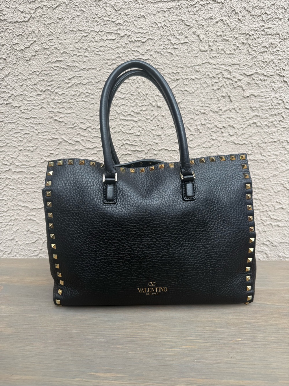 Valentino Garavani Black Pebbled Leather Tote with Gold Rockstuds